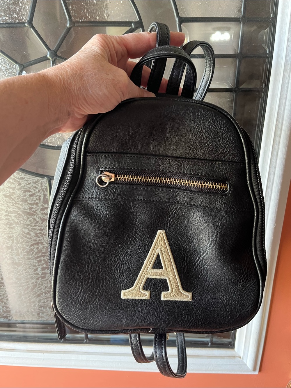 Black Mini Backpack with Ivory 'A' Patch
